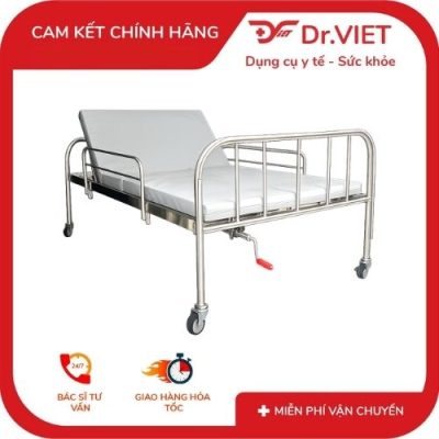 Giường Y Tế Inox 1m2 Vạc Hộp Kín 1 Tay Quay Có Thanh Chắn, Bánh Xe Khóa An Toàn, Có Bô/Không Bô