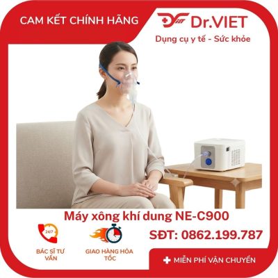 Máy xông khí dung Omron NE-C900 sử dụng công nghệ nén khí, tạo thuốc dạng sương với tốc độ khí dung khoảng 0,4 ml/phút, dùng theo chỉ định y tế.