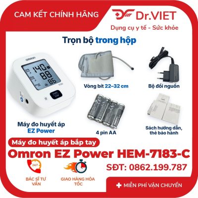 Trọn bộ máy đo huyết áp bắp tay gồm vòng bít và bộ đổi nguồn
